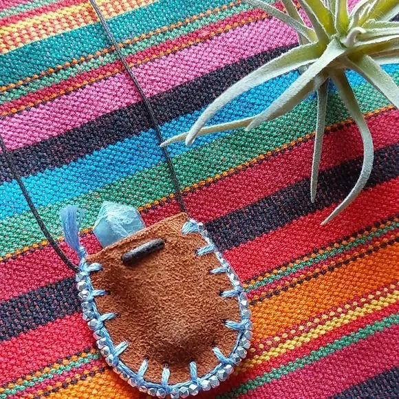 Leather Mini Mojo Bag Necklace by Rust Belt Raised Moss Agate Necklace - Picture 14 of 16